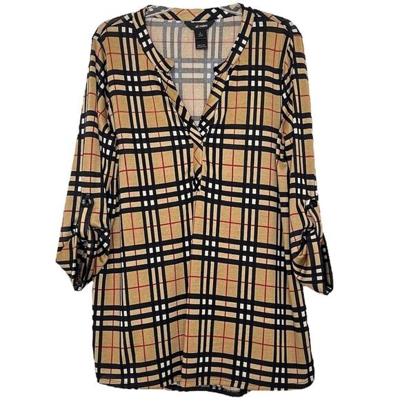 Ali Miles Plaid Blouse Camel Black Red Check Long Roll Up Tab Sleeve Tunic Large - Picture 1 of 8